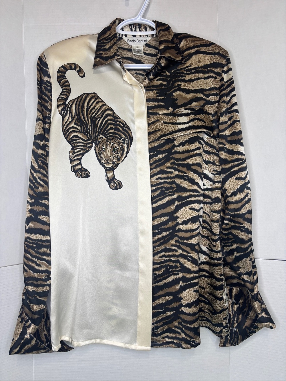 Vintage Paolo Santini Women's Tiger-Print 100% Silk Button Down Blouse Shirt